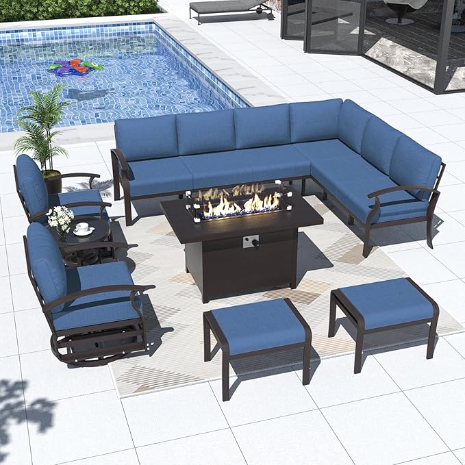 Kurapika Patio Furniture Set 10-Piece Aluminum Sectional Sofa with Armrest, Modern Outdoor Conversation Set w/55000 BTU Propane Fire Pit Table, Metal Corner Sofa with Ottoman, Navy Blue