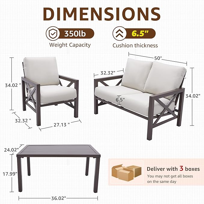 NATURAL EXPRESSIONS 4 Pieces Patio Furniture Sets,Outdoor Sectional Metal Furniture Conversation Set with Loveseat Chair,2 Single Chairs 1 Metal Table,6.5" Beige Cushions for Yard,Garden