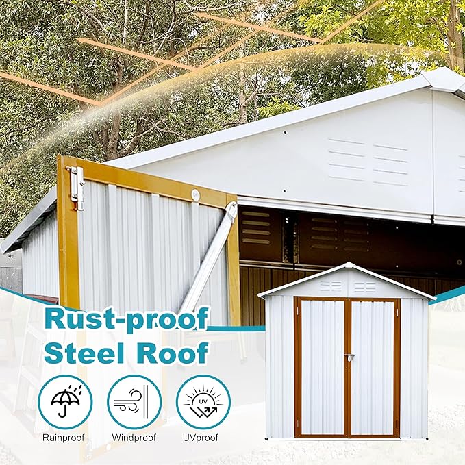 6ft x 4ft Outdoor Storage Shed Apex Roof Tool Shed Outdoor Storage Metal Garden Sheds Tool Cabinet with Galvanized Steel Construction for Backyard, Patio, Poolside, White + Yellow