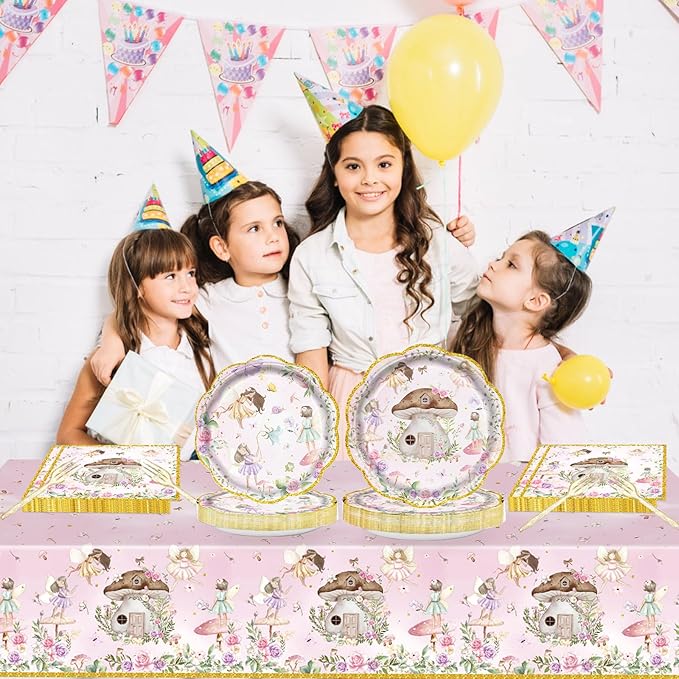 81Pcs Fairy Party Decorations for Girls 1st 2nd Birthday Garden Flower Themed Baby Shower Party Supplies Fairies Enchanted Tableware with Paper Plates Napkins Cups Forks and tablecloth Serve 20