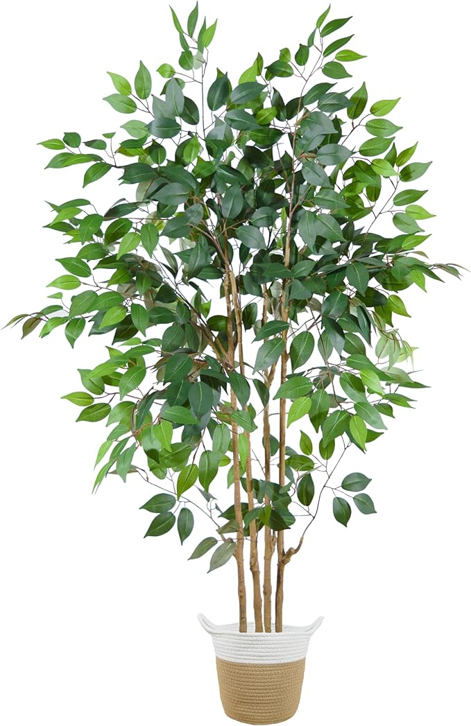 Artificial Ficus Tree, 5ft Tall Silk Fake Ficus Leaves Plant with Basket, Indoor Outdoor Faux Greenery Tree for Home Garden Office House Livingroom Décor