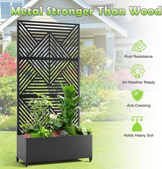 15.7"×70.9"×35.4" Metal Raised Garden Bed with Trellis and Wheels - Tall Trellis Planter Box for Climbing Plants, Vegetables & Vines - Outdoor Privacy Planters for Patio (Black-Zodiac)