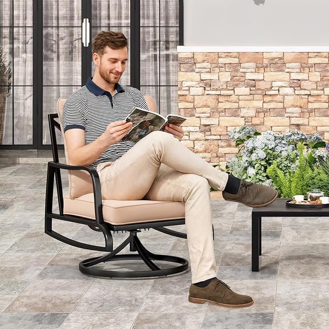 Soohow Patio Furniture Set, 4 Piece Outdoor Patio Furniture Set, 2 x Outdoor Swivel Chair, 1 x 3-Seats Sofa and 1 x Coffee Table, Metal Conversation Set for Porch, Balcony, and Backyard