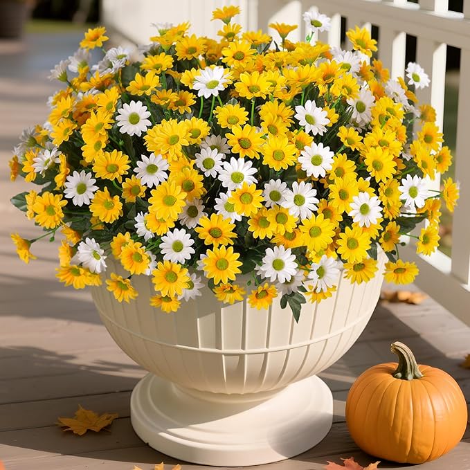 Fake Mums Fall Artificial Flowers for Outdoor Decoration, 6 Bundles Faux Silk Daisy Flowers Realistic UV Resistant No Fade Fall Fake Plants for Home Patio Porch Garden Window Box Decor(Yellow White)