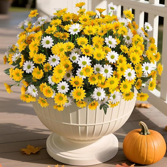 Fake Mums Fall Artificial Flowers for Outdoor Decoration, 6 Bundles Faux Silk Daisy Flowers Realistic UV Resistant No Fade Fall Fake Plants for Home Patio Porch Garden Window Box Decor(Yellow White)