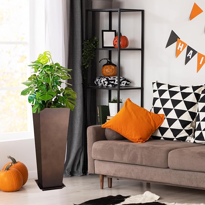 KOL 28''H. Tall Metal Planter with Insert, Set of 2, Galvanized Steel Planter Pots for Indoor & Outdoor Use, Decorative Flower Plant Pots for Front Porch, Patio, Deck - Rust Color