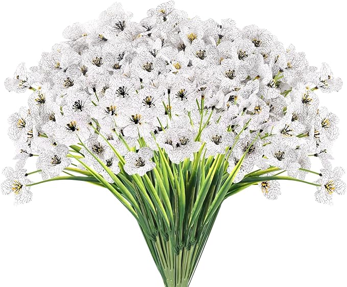 22 Bunches of Outdoor Artificial Flowers, UV Resistant Fake Flowers Artificial Silk Flowers with Plastic Plants for Indoor Outdoor Front Porch Hanging Planter Decoration (22, White)