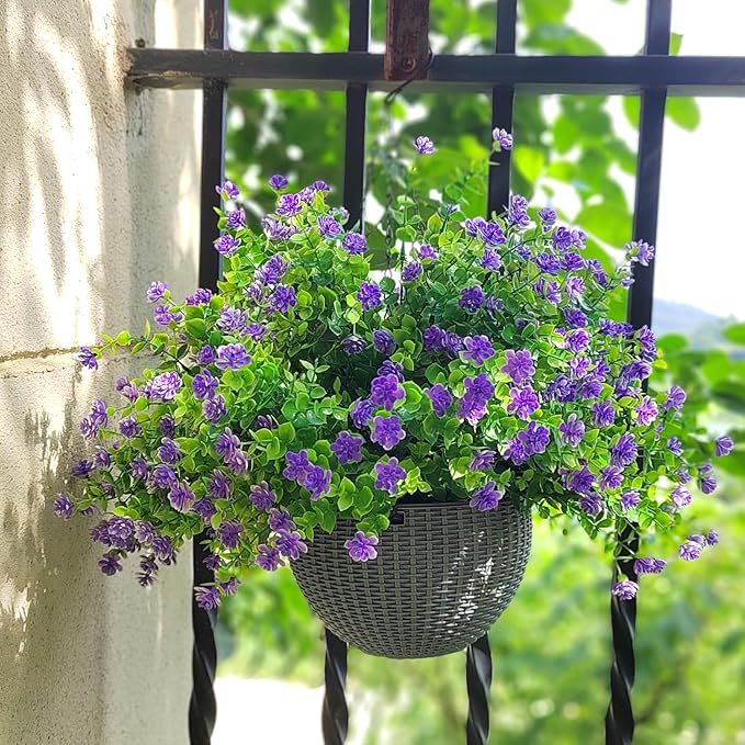 12 Bundles Artificial Flowers for Outdoors, UV Resistant Fake Flowers with Plastic Plants, Faux Flowers for Outside Window Box Front Porch Hanging Planter Decor (Purple)