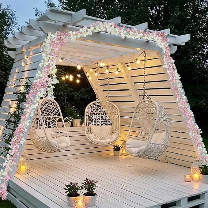 2 Pcs Artificial Bougainvillea Flowers Garland Fake Silk Bougainvilleas Vines Trailing Faux Hanging Flowers Plants Bougainvillea Artificial for Porch Wedding Arch Spring Summer Decor Pink White