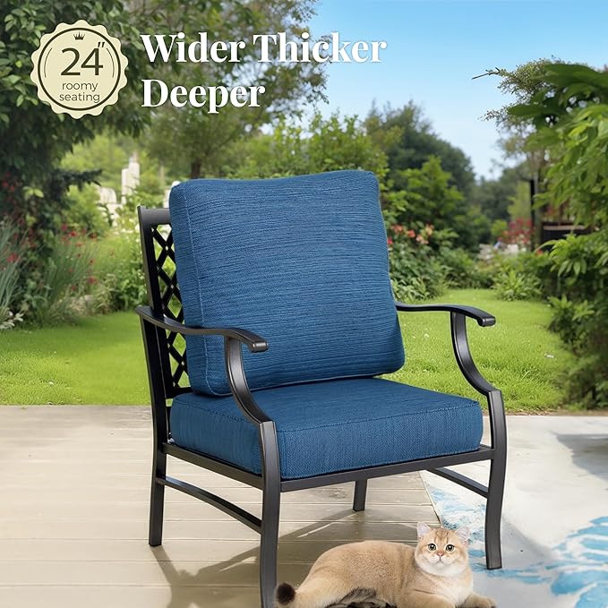 Patio Furniture Set 7 pcs, Outdoor Patio Furniture, 3-Seat Sofa, 2 Single Chairs, 2 Rocking Chairs, 2 Ottomans and 5.75" Extra Thick Cushion, Conversation Set for Deck,Gemstone Blue