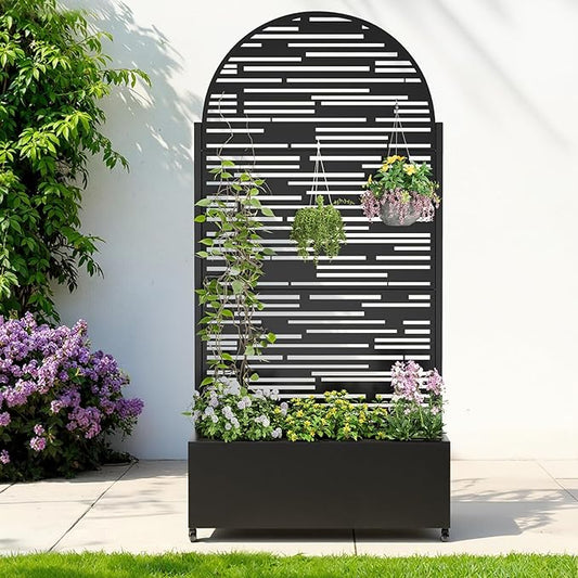 Metal Raised Garden Bed with Trellis & Wheels,70" x 35"x 15.7" Planter Box with Trellis,Privacy Planters for Patio,Garden Bed for Climbing Plants,Suitable for Climbing Plants and Vegetables,Black