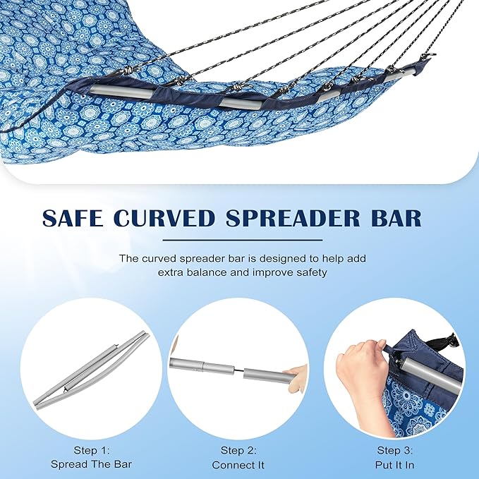 Lazy Daze Hammocks Deluxe 12 FT Tufted Hammock with Soft Detachable Pillow & Side Pocket, Outside Double Curved Aluminium Spreader Hammock, 450 Lbs Capacity for Patio, Blue Floral