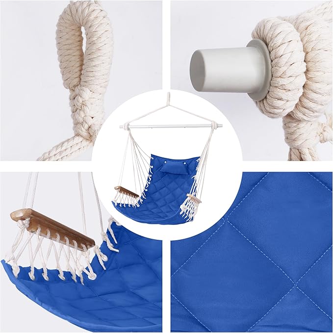 Hammock Chair Hanging Swing with Wooden Armrests;Steel Spreader Bar,Pillows,Hardware kit Included;Cotton Woven ;Up to 350 Lbs,for Indoor Outdoor Blue