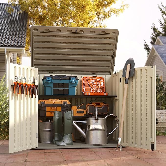 Vertical Resin Storage Shed with 2 Shelves, 47 Cuft Garden Tool Sheds & Outdoor Storage, Plastic Outdoor Storage Cabinet Waterproof, 4.5x2.8 ft Backyard Outside Lawn Mower Storage Shed, Vanilla