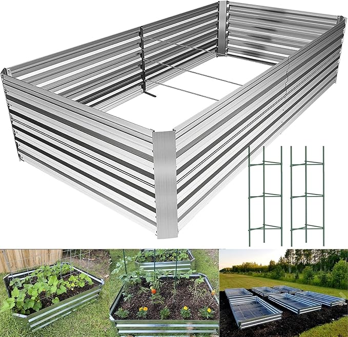 8×4×2 FT Galvanized Raised Garden Bed with 2Pcs Tomato Cage,Large Metal Raised Garden Bed Outdoor,Garden Metal Raised Planter Box for Gardening,Flowers, Herbs, Fruits