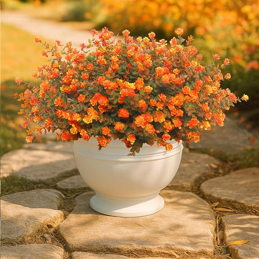 Artificial Mums for Outdoors, 12 Bundles Faux Mums for Outdoor Fall Planters,Uv Resistant Eucalyptus Artificial Fake Flowers Plants, Realistic Fall Decor for Porch, Patio, Yard (Fall Orange)
