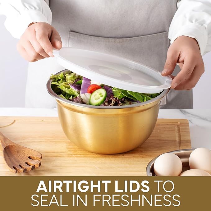 COOK WITH COLOR 18 Piece Mixing Bowls Set with Airtight Lids, Stainless Steel Bowl Organizers, Food Storage Containers, Meal Prep, Nesting Salad Bowls For Cooking, Baking, Kitchen Use, Gold