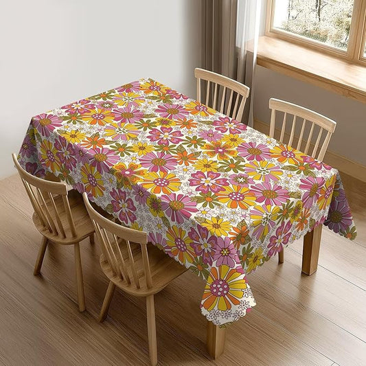Retro Sunflower Table Cloth for Rectangle Dining Tables, Reusable Hippie Flowers Tablecloths Kitchen Tabletop Decoration Groovy Daisy Floral Table Cover for Holiday,Party,Picnic, 54x72Inch