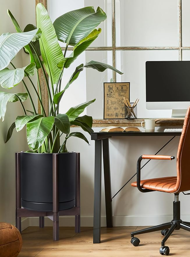 D'vine Dev Ceramic Planter with Walnut Color Stand - 12 Inch Modern Round Flower Pot with Wood Planter Holder, Black, 55-B-W-2