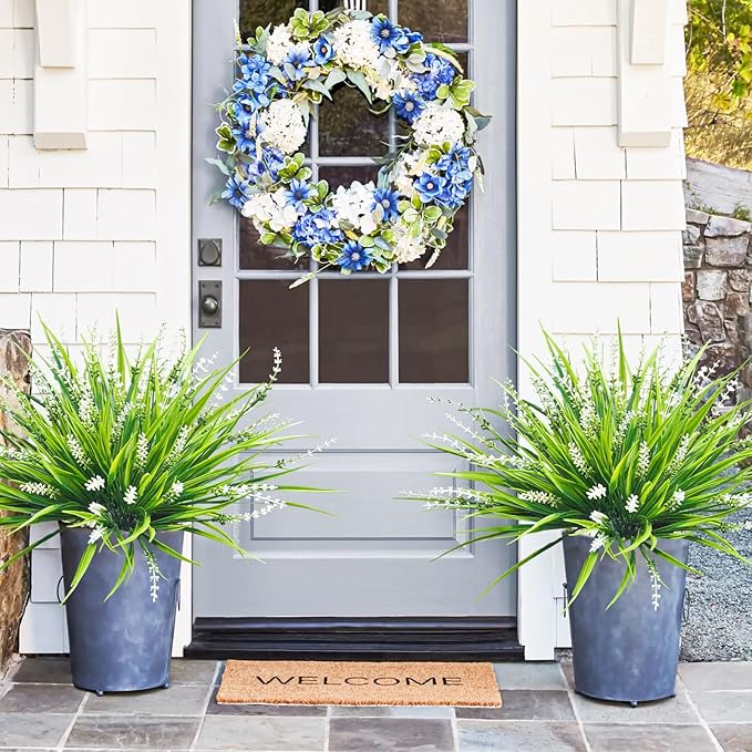 10 Pcs Artificial Plants Outdoor, UV Resistant Fake Outdoor Flowers Plants Faux Plastic Monkey Grass for Outside Front Porch Garden Window Box Home Office Planters Desk Decor (White)