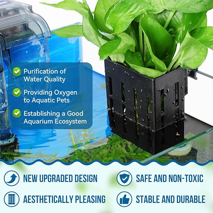 Upgraded Large Aquarium Plant Holder with Hooks and Suction Cups for Fish Tank Aquaponic Plant Cultivation and Aquascape Decorations (Black)