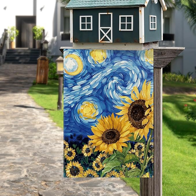 DLZDN Sunflower Garden Flag Starry Night Sunflower Garden Flags 12×18 Inch Double Sided Vertical Burlap Farmhouse Yard Flag Spring Summer Seasonal Outdoor Decor