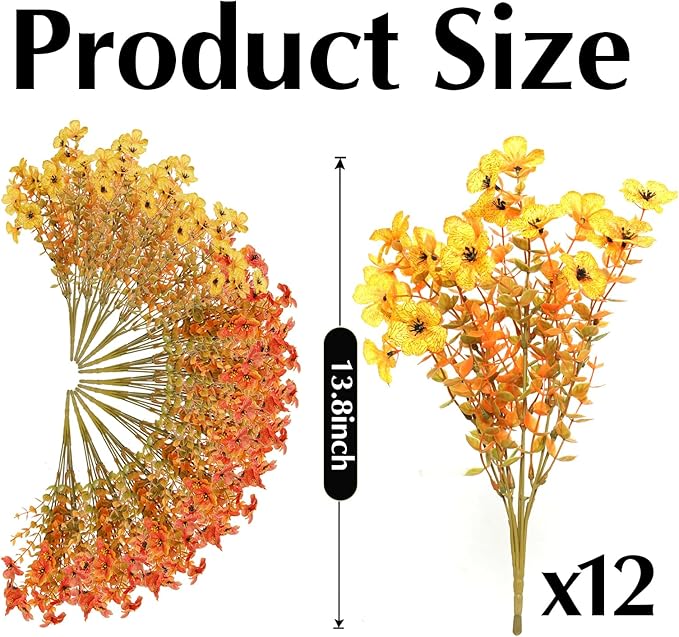 Artificial Mums for Outdoors, 12 Bundles Faux Mums for Outdoor Planters,Uv Resistant Artificial Fake Flowers Plants, Realistic Fall Decor for Porch, Patio, Yard (OrangeYellow)