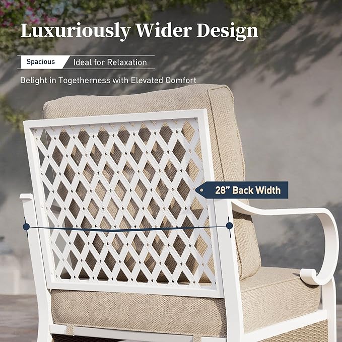 6 Piece Metal Outdoor Patio Furniture Set, Patio Conversations Set 3-Seater Sofa, 2-Seater Sofa, 2 Swivel Chair with 5.75" Thick Cushion & Coffee Table White Backyard Furniture, Beige