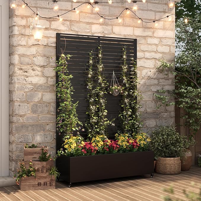 Metal Raised Garden Bed with Trellis & Wheels,70" x 47"x 15.7" Planter Box with Trellis,Privacy Planters for Patio,Garden Bed for Climbing Plants,Suitable for Climbing Plants and Vegetables,Black