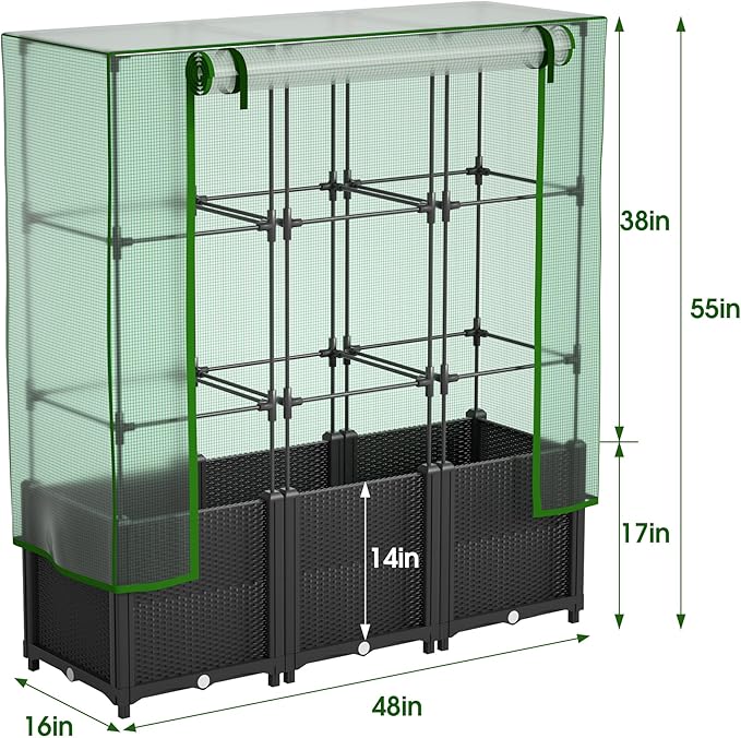 Onelike 48'' x 16'' x 55.5'' Plastic Raised Garden Bed with Greenhouse Cover and Trellis, Vertical Tomato Planters for Climbing Plants, Self Watering System Tomatoes Cage for Patio,Black,Large