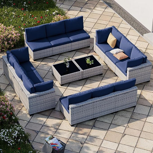 14-Piece Patio Furniture Set, Outdoor Sectional with Thick Cushions, Modular Patio Sofa, Dual-Strand Wicker Rattan, Rust-Resistant Frame, Backyard Furniture for Garden, Deck, Navy Blue
