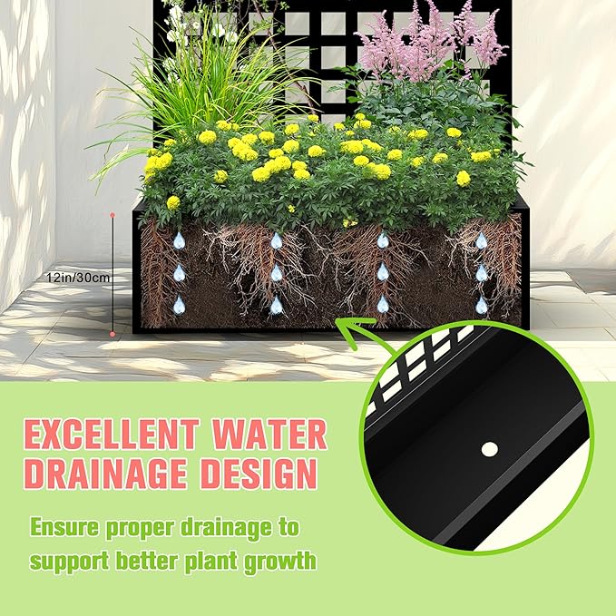 Metal Planter Box with Trellis, Raised Garder Bed with Drainage Hole, Outdoor Privacy Screen & Trellis for Climbing Plants, Plant Stands, 35''L×17''W×71''H, Black