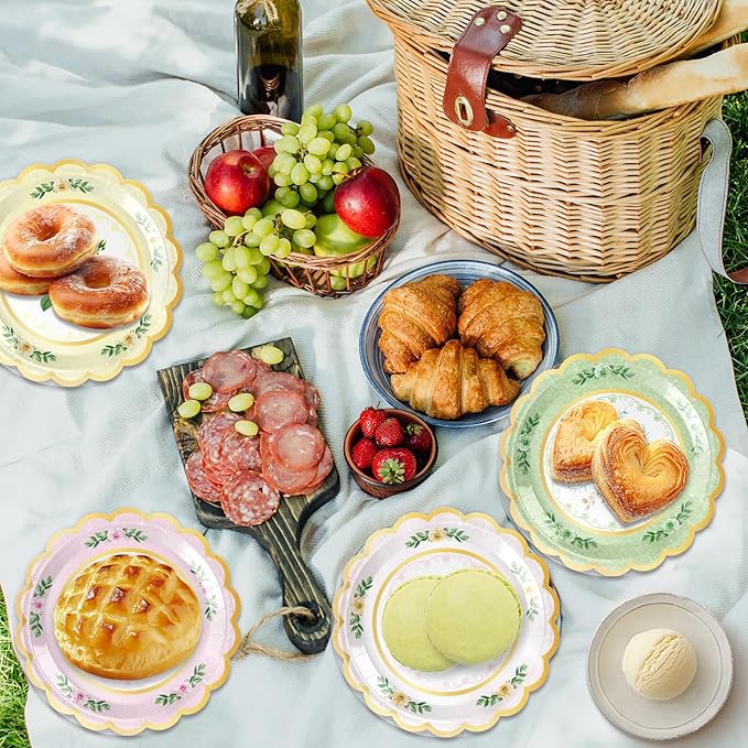 48Pcs Floral Paper Plates, 7 Inch Flower Party Plates Floral Disposable Plates for Tea Party, Birthday Baby Shower Garden Wedding Afternoon Decorations, 6 Styles (48, 7 inch)