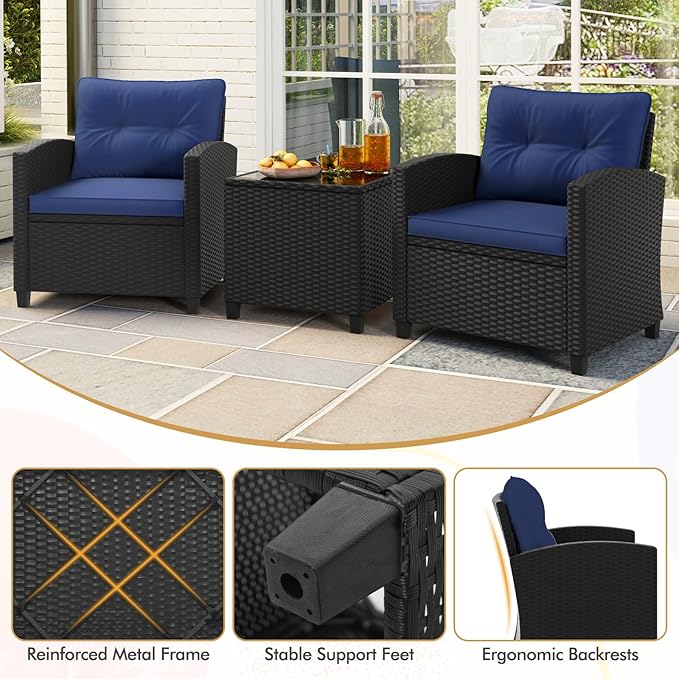 HAPPYGRILL 3 Pieces Wicker Patio Conversation Set, PE Rattan Bistro Sofa Set with Tempered Glass Coffee Table, Washable Cushions, Outdoor Furniture Set for Garden Poolside Balcony (Navy)