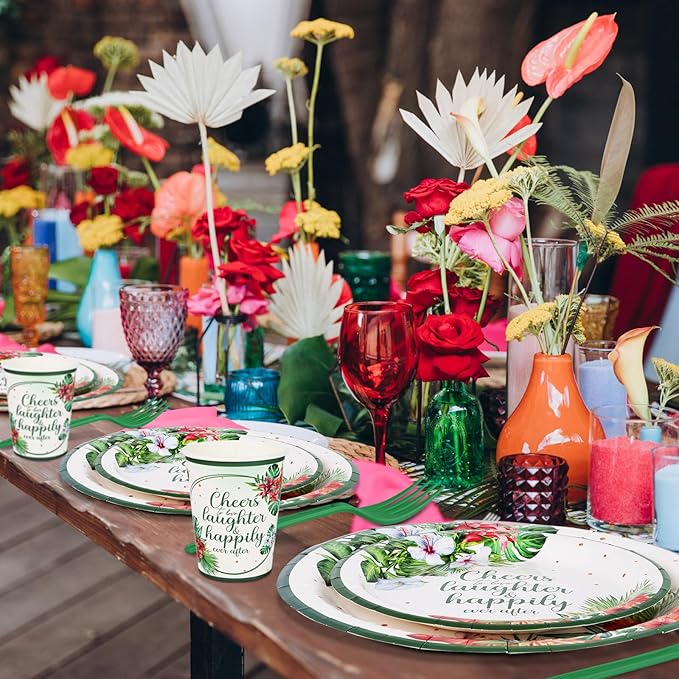 350 Pcs Tropical Wedding Bridal Shower Paper Plate Palm leaf Napkin Cup Hibiscus flower Disposable Tableware Set With Knives Fork Cheers to Love Bachelorette Party Favor for 50 Guest