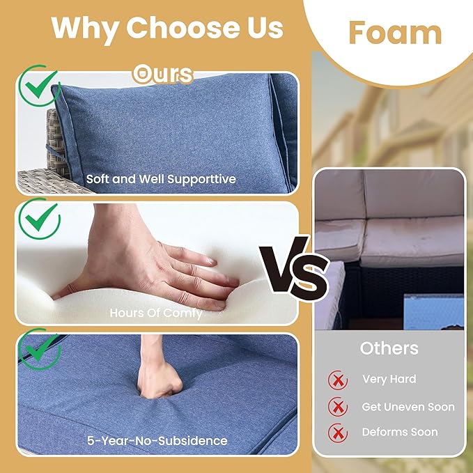 HOOOWOOO Outdoor Sectional Furniture Set,8 Pieces Wicker Patio Conversation Sets,L Shape All Weather Outside Couch Sofa Set with Swivel Chairs Solar Light Table Ottoman,Denim Blue