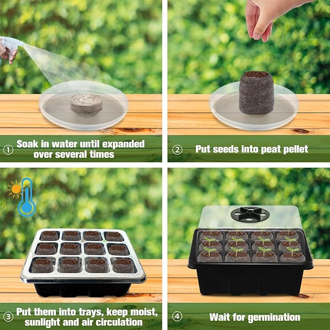 Halatool 8 Pack Seed Starter Tray with 100 PCS Peat Pellets, 96 Cells Black Plant Germination Trays for Organic Seed Starter Soil Pods for Planting Vegetables Plants Flowers Herbs - Starting Seeds Kit