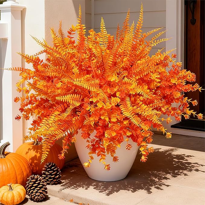 Ivydale Artificial Fake Fall Mums Flowers Plants for Outdoor Outside, 12 Bundles Faux Autumn Orange Daisy Plastic Greenery Realistic UV Resistant for Front Door Porch Patio Balcony Garden Yard Decor