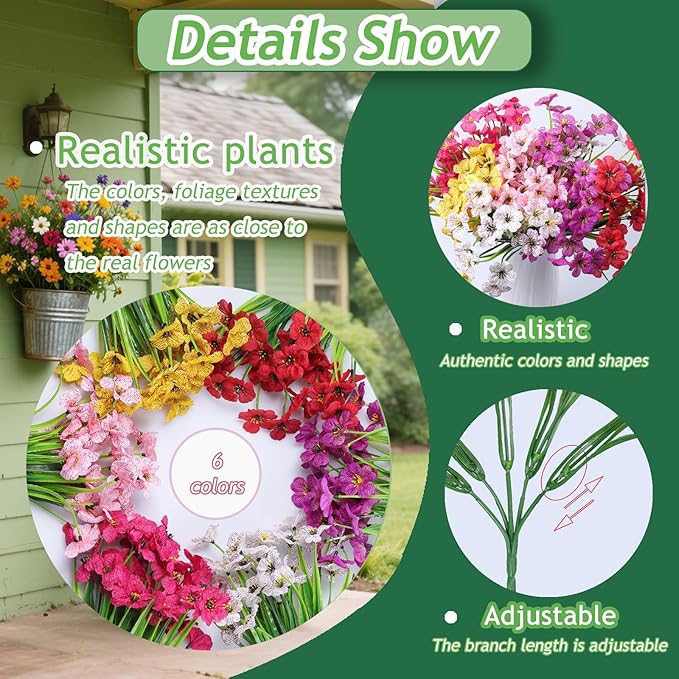 Grever 24 Bundles Artificial Flowers for Outdoor 6 Multicolor UV Resistant Fake Plastic Flowers Faux Plants for Wedding Farmhouse Garden Porch Window Box Indoor Decoration