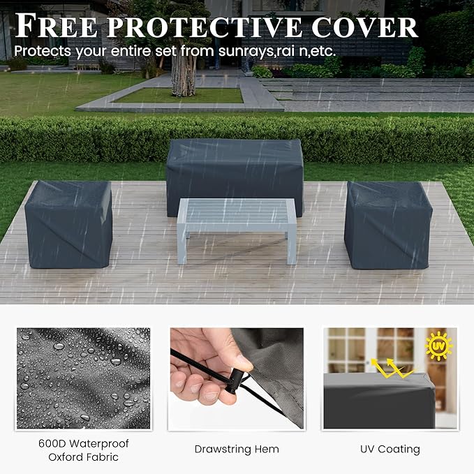 Aluminum Patio Furniture,Outdoor Metal Sectional Sofa with Table and Waterproof Covers,Grey and Blue Modern Patio Furniture Set for Garden Backyard (5-Piece)