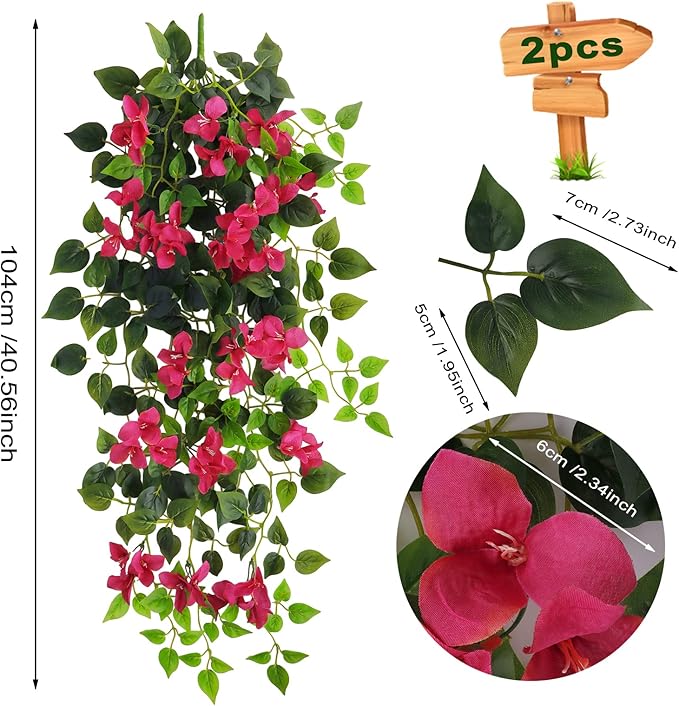 Fake Hanging Flowers Plants Bougainvillea Artificial,UV Resistant Faux Silk Flower Fabric Vine for Indoor Outdoor Garden Porch Eave Fence Wedding Wall Spring Summer Decor