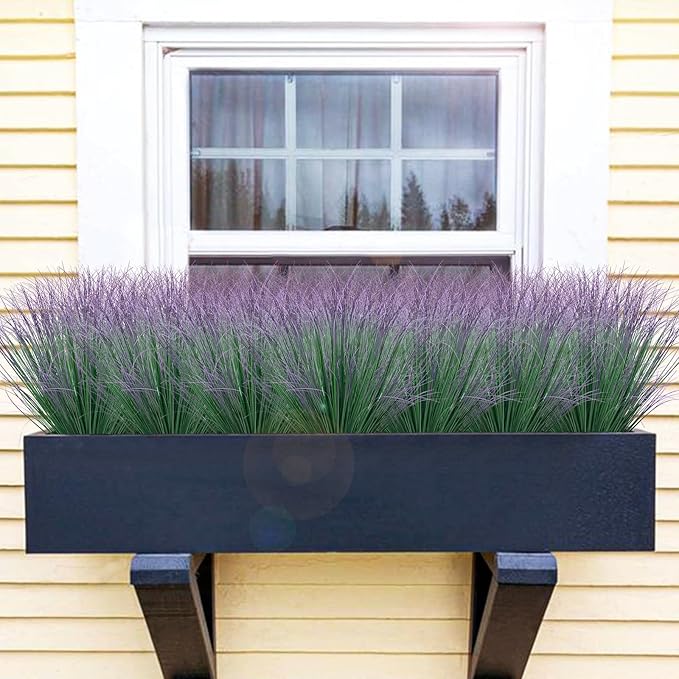 40 Bundles Fake Grass Plants Artificial Plants Outdoor Faux Plants Tall Shrubs Wheat Grass Greenery Stems UV Resistant Onion Grss for Outside Planters Indoor Room Vase Home Decor（Green Purple Tail）
