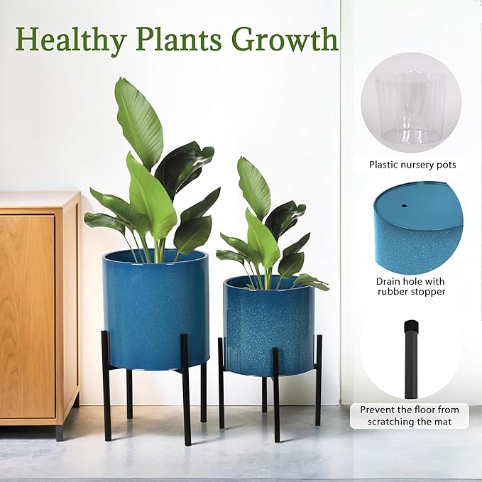 ARNIS Modern Plant Pots, Set of 2 Large Planters with Stand, Decorative Planters, Metal Pots with Drainage Holes for Living Room, Office, Garden or Balcony, 10.5 &12.55 Inch, Blue
