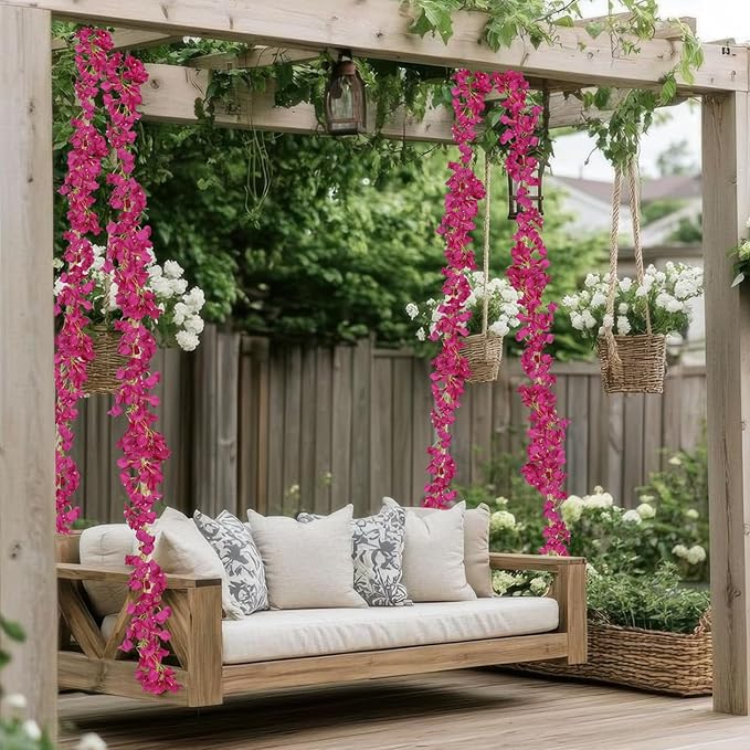 2 Pcs Artificial Bougainvillea Flowers Garland Fake Silk Bougainvilleas Vines Trailing Fuchsia Faux Hanging Flowers Plants Bougainvillea Artificial for Porch Wedding Arch Spring Summer Decor