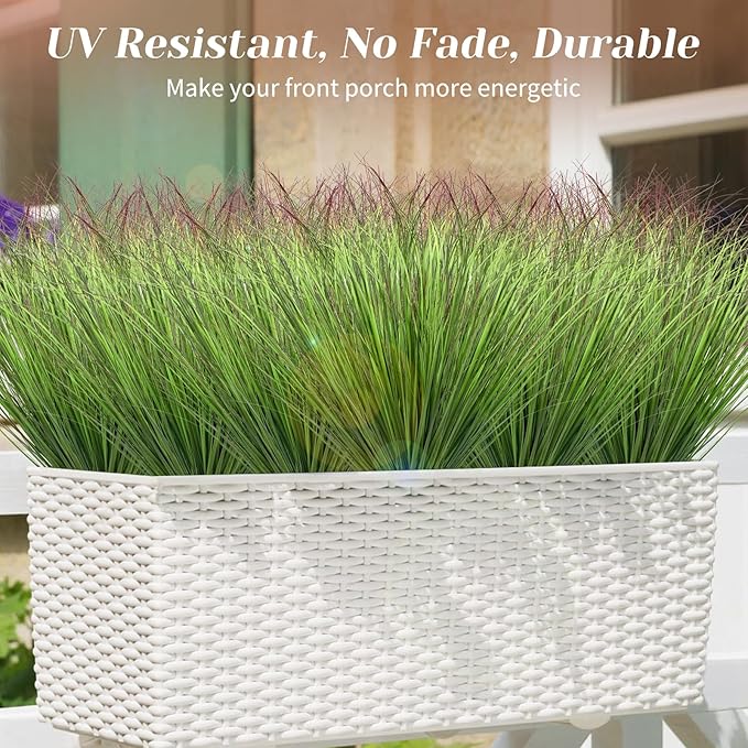 40 Bundles Fake Grass Plants Artificial Plants Outdoor Faux Plants Tall Shrubs Wheat Grass Greenery Stems UV Resistant Onion Grss for Outside Planters Indoor Room Vase Home Decor（Green Red Tail）
