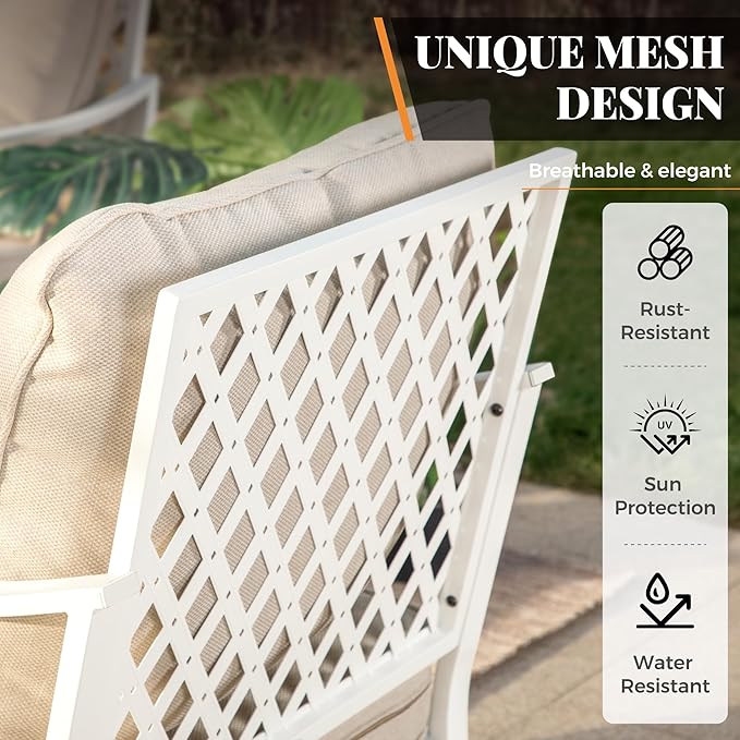 5 Piece Patio Furniture Set, 2 x Rocking Chair, 1 x 2-Seat Sofa, 1 x 3-Seat Sofa with Marbling Coffee Table, All Cushioned 7 Seats Outdoor Conversation Set, Beige