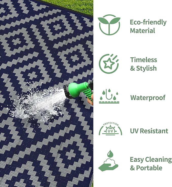 GENIMO Outdoor Rug for Patio Clearance, 9'x12' Waterproof Camping Mat, Reversible Plastic Straw Rugs for RV, Camper, Balcony, Backyard, Picnic, Deck (Blue & Grey)