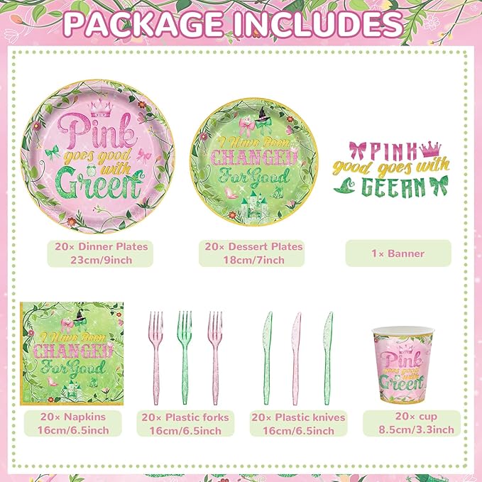 121Pcs Pink and Green Witch Party Decorations for Girls Boys Witch Movie Birthday Party Supplies Tableware Paper Plates Napkins Cups Banner Knife and Fork Baby Shower Tableware Set Serve 20 Guests
