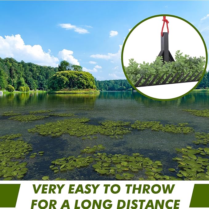 Weed Removal Tool, Steel Blades 16 inch Aquatic Weed Rake, Double Sided Lake Weed Cutter, Clean Aquatic Weeds Muck Silt Lake Rakes, Lake Weed Rake with 30ft Thicker Rope, Black.