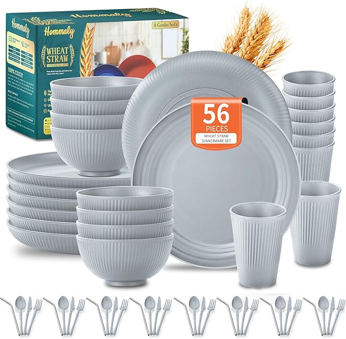 Wheat Straw Dinnerware Sets,56-Piece Plates and Bowls Sets for 8-Unbreakable,Reusable Plastic Dish Set-Dinner Plate/Cereal Bowl/Cup/Utensils-Microwavable Dishwasher Safe 56P-Gray